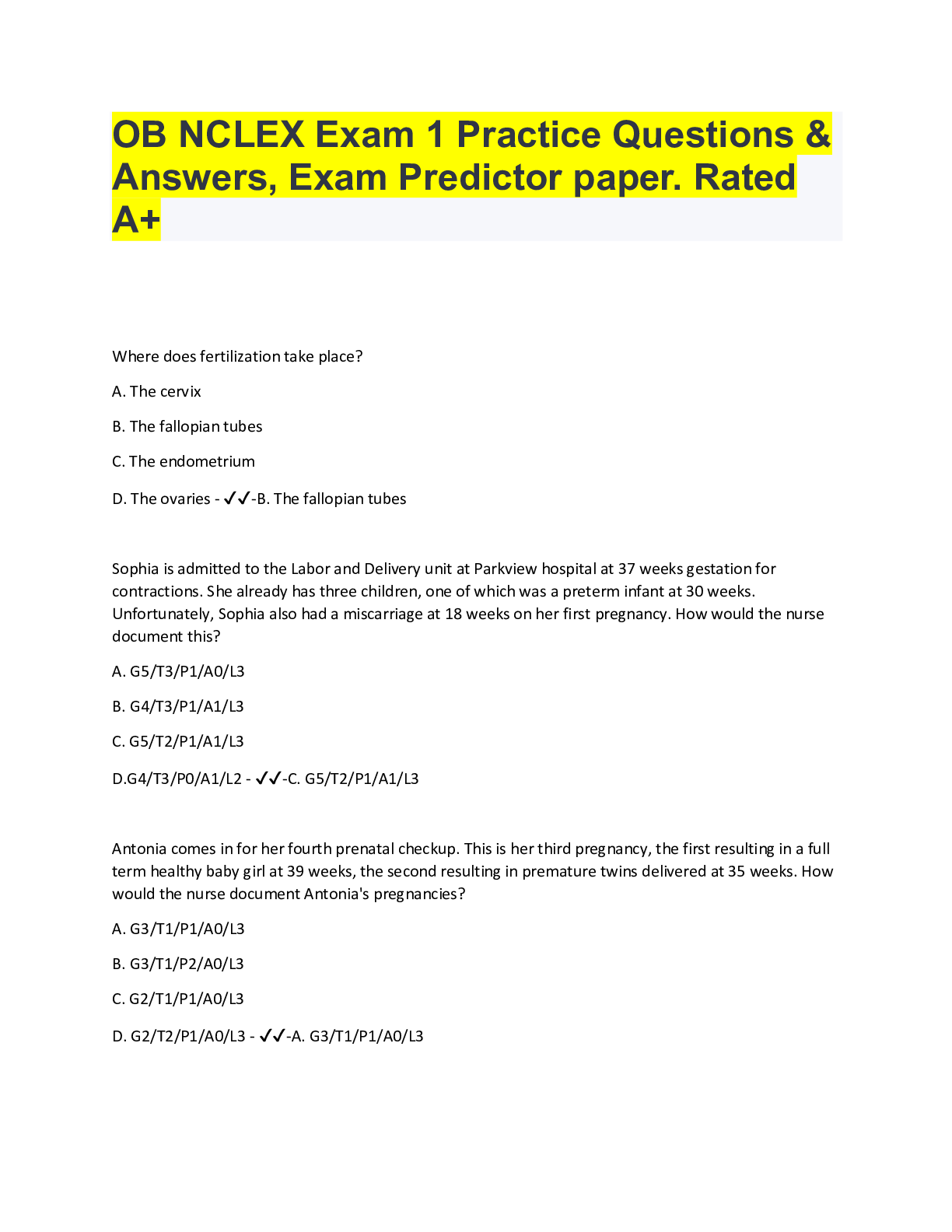 Preview image for OB NCLEX Exam 1 Practice Questions &  Answers, Exam Predictor paper. Rated  A+